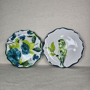Set Of 4 Melamine Parrot Bird and Flower Dinner Plates Scalloped Opal House